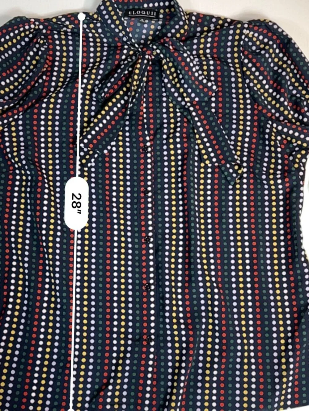 Eloquii Size 20 Navy Multicolor Polka Dot Tie Neck Puff Sleeve Blouse - Picture 9 of 10
